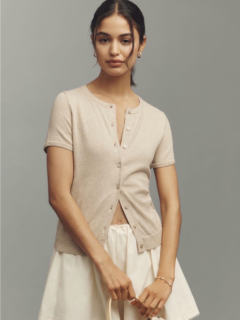 Anthropologie Cotton and Cashmere Blend Short-Sleeve Cardigan Top in Light Beige